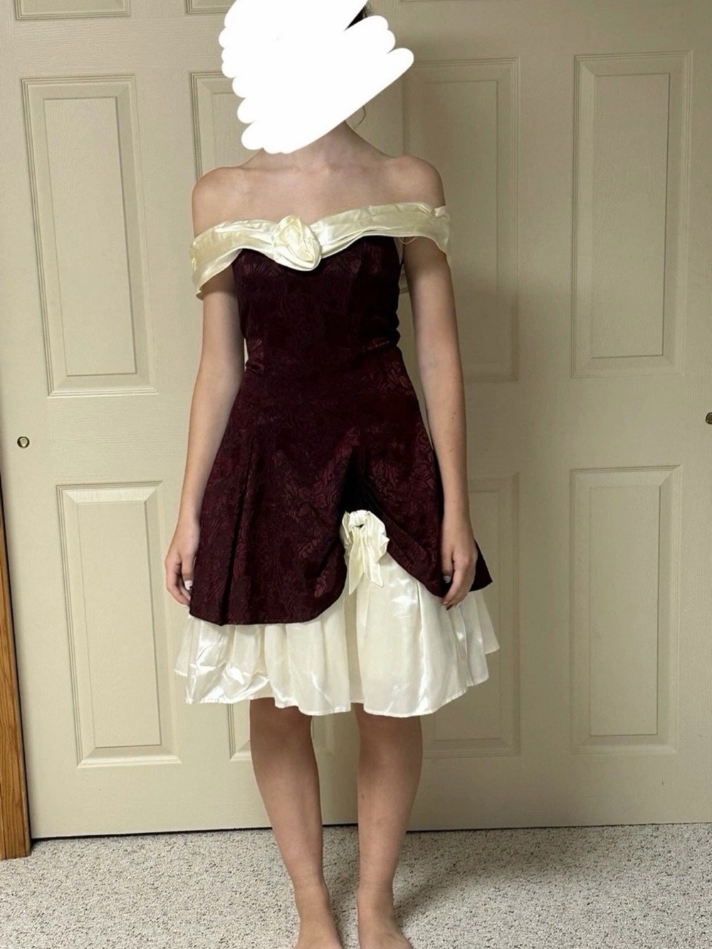 Vintage Roberta Off-Shoulder Two-Tone Dress in Burgundy and Cream